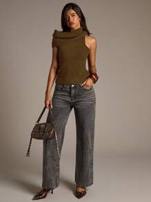 Aloruh Women's Autumn/Winter High Neck Wrap Fitted Ribbed Sweater Vest - Olive Green - View 7