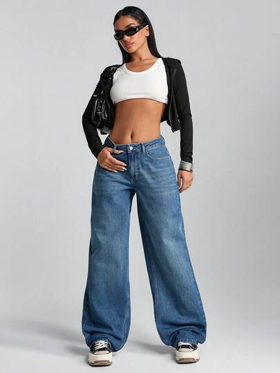 EURMUSE Low Waist Wash Detailed Straight Jean Y2k Jeans Loose Jeans Wide Leg Jeans Baggy Jeans
