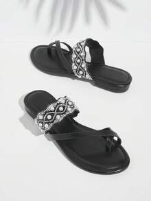 SHUZIA Women Flat Sandals With Diamond Decoration, Stylish And Versatile - Black - View 1