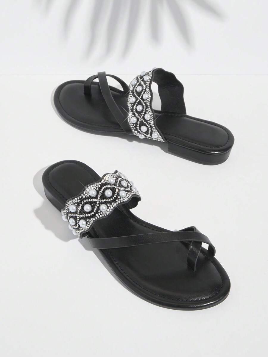 SHUZIA Women Flat Sandals With Diamond Decoration, Stylish And Versatile - Black - View 1
