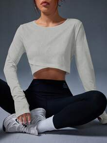 Easithlete Lässiges einfarbiges langärmeliges Sport-Crop-Top, Damen Langarm Crop Top, Gym Crop Top, Langarm Gym Top, Workout Crop Top