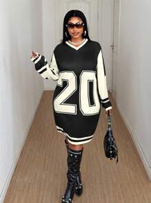 Plus Size Contrast Color Splice Number Print Dress Fall Cloth For Women - Black and White - View 4