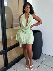 Alexandranx 全新性感露背纯色吊带低胸垂坠领荷叶边不对称下摆迷你连衣裙，适合夏季穿着 - 薄荷綠 - 查看 4