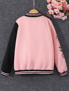 Sparklyn Teen Girl Bear Patched & Slogan Graphic Two Tone Varsity Jacket Without Tee - Pink - View 7