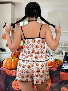 SHEIN Conjunto de Pijama Camiseta Regata e Shorts com Estampa de Abóbora Plus Size para Halloween - Multicolorido - Visão 2