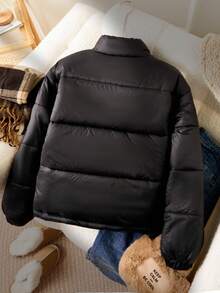 Teen Girl Casual Thickened Padded Coat,Black Winter Streetwear,Resin Zipper,Black Buttons,Simple Fabric,Oblique Pockets,Suitable For Commuting,Travel - Black - View 2