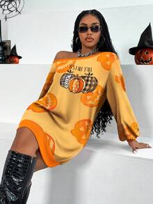 Maweii Plus Size Women Pumpkin Digital Print Oblique Shoulder Loose Knit Sweatshirt, Casual Chic Fashion Style