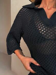 EURMUSE Casual Oversized Mesh Knit Top With Polo Collar - Perfect For Layering In Black Set With Shorts - Black - View 7