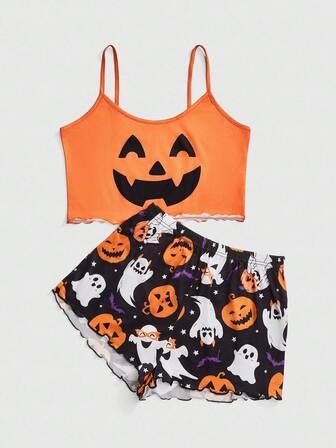 Kawaii Halloween Pumpkin, Ghost, Bat Print Casual Camisole Women Pajama Set
