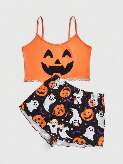 Kawaii Halloween Pumpkin, Ghost, Bat Print Casual Camisole Women Pajama Set