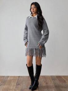 Rafferiza Women's Grey Blogger-Style Loose Knit Sweater With Tassel Design,Autumn Casual Everyday Fall Winter Pullover For Elegant Fashionable Office Commuting - Grey - View 4