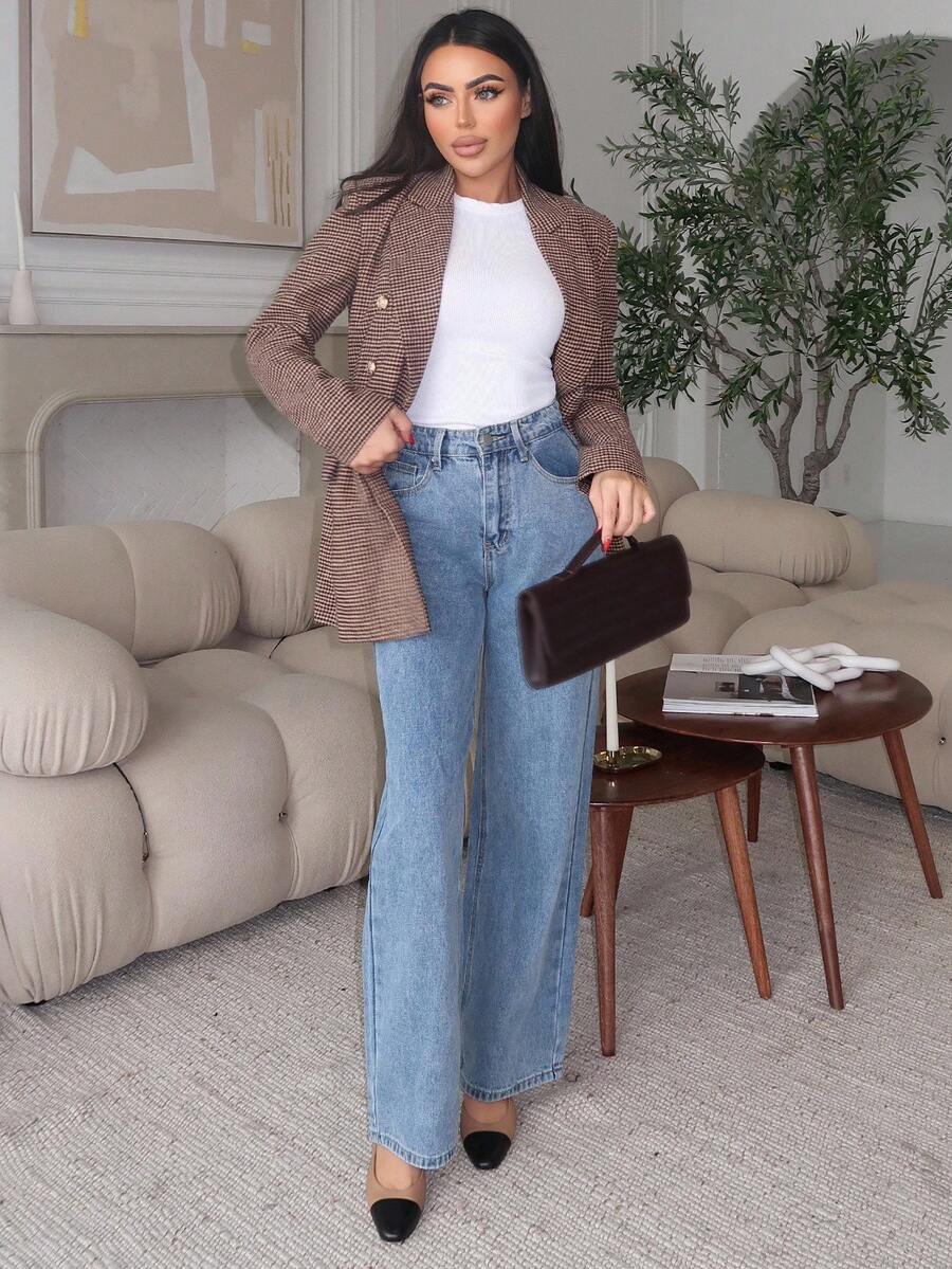 Durrani Popal Solid Color Loose Fit Wide Leg Long Denim Pants - Medium Wash - View 1