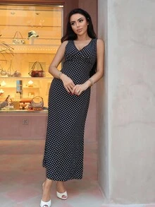 Durrani Popal 波尔卡圆点印花开叉紧身连衣裙长款女装 - 黑與白 - 查看 1