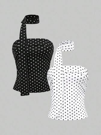 Grunge Punk Ensemble de crop top sexy à pois et couleur unie pour femmes