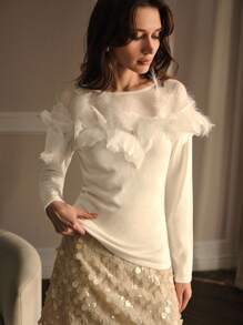 MOTF PREMIUM FEATHER & FLORAL APPLIQUES SLIM FIT SWEATER - Apricot - View 5