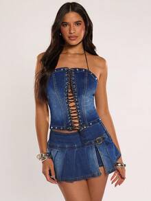 SHEIN BAE Women's Cross-Lace Metal Rivet Backless Suspender Denim Crop Top,Light Blue,Summer,Street Wear Y2k,Club Night,Dark Blue Washed Halloween Costumes - Blue - View 6