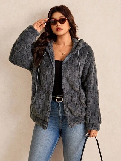 Elaquor Warm & Comfortable Casual Gray Fluffy Jacket, Plus Size, Suitable For Outings, Autumn Season Thanksgiving Outfit Women New Years Women Outfit Winter Dresses Winter Clothes Women Rave Outfits, For Winter