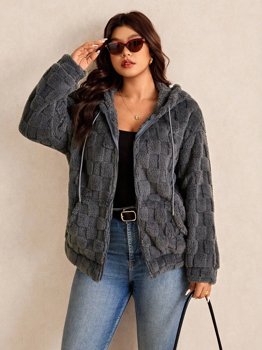 Elaquor Warm & Comfortable Casual Gray Fluffy Jacket, Plus Size, Suitable For Outings, Autumn Season Thanksgiving Outfit Women New Years Women Outfit Winter Dresses Winter Clothes Women Rave Outfits, For Winter - Grey - View 1