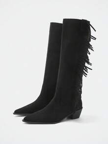 Maija Women's Fashion Motorcycle Buckle Knee-High Boots - Black - View 1