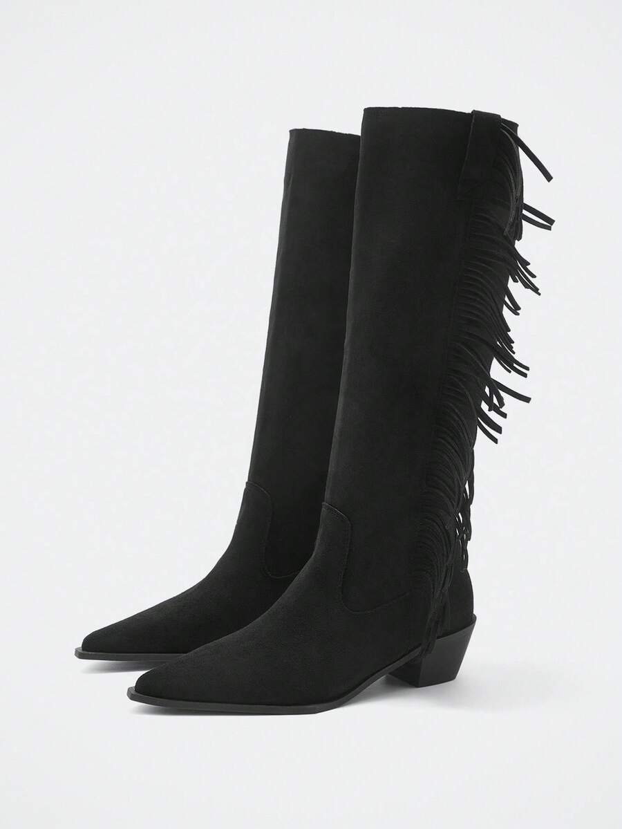 Maija Women's Fashion Motorcycle Buckle Knee-High Boots - Black - View 1