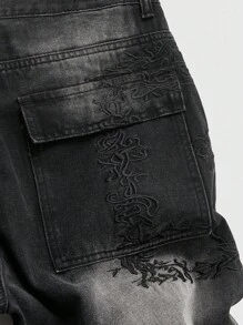 ROMWE MEN Goth Men's Casual Washed Embroidered Denim Jeans - Black - View 6