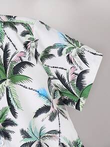 SHEIN 青少年男孩棕榈树印花短袖休闲纽扣衬衫，夏季 - 綠色 - 查看 4