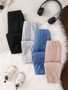 SHEIN Conjunto de 4 peças de calças de moletom térmicas forradas para bebês meninos, estilo casual, confortável e versátil, ideal para uso interno e externo, dia a dia, esportes, brincadeiras e festas no outono/inverno. Calças para bebês recém-nascidos, calças para bebês, calças de moletom para bebês. - Multicolorido - Ver 2