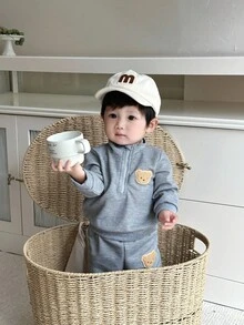 SHEIN 男婴春秋两件套灰色长袖卫衣和锥形长裤，高领设计，拉链，格纹图案 - 灰色 - 查看 5