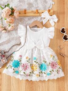 SHEIN 刺绣女婴花卉网眼盖袖派对连衣裙，优雅薄纱连衣裙，白色 - 白色 - 查看 1