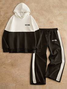 Manfinity VCAY 2pcs/Set Men's Casual Patchwork Loose Drop Shoulder Hoodie And Sweatpants Set,Black And White,Autumn,Streetwear,Holiday,Back-To-School,Jogger Outfit - Multicolor - View 1