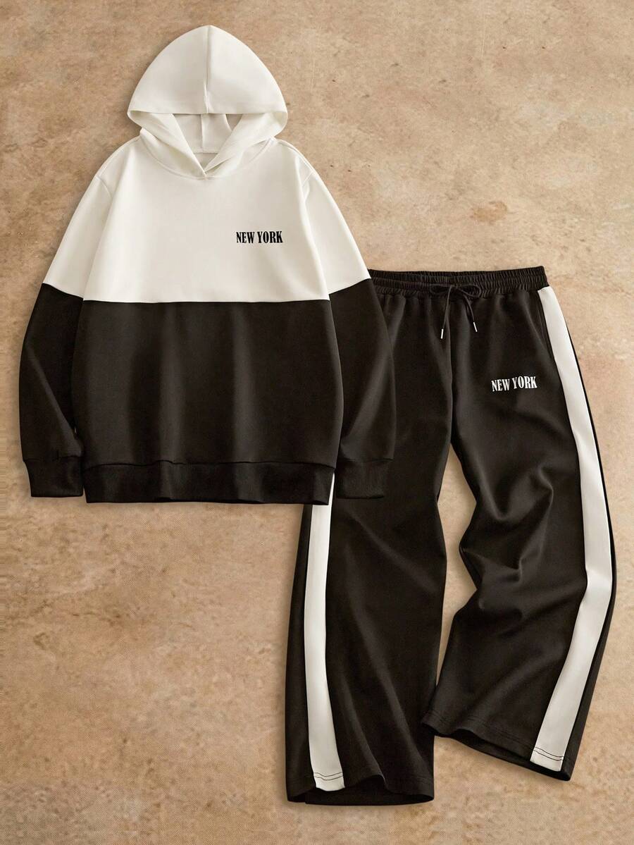 Manfinity VCAY 2pcs/Set Men's Casual Patchwork Loose Drop Shoulder Hoodie And Sweatpants Set,Black And White,Autumn,Streetwear,Holiday,Back-To-School,Jogger Outfit - Multicolor - View 1