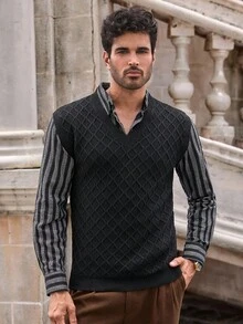 Manfinity NXTstreet Áo len cổ chữ V cho nam, áo len họa tiết kim cương ôm vừa vặn, áo len nam, Old Money, Thu Đông - màu đen - Xem 3