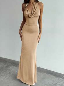 Aloruh Women's Solid Color Plunging Neckline Circular Ring Connecting Fishtail Hem Fitted Sexy Dress - Khaki - View 6