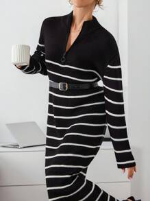 EURMUSE Curve Nautical Stripe, Cozy Half-Zip Knit Dress - Black and White - View 3