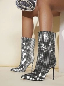 SHUZIA Metallic Point Toe Stiletto Heeled Boots - Silver - View 6