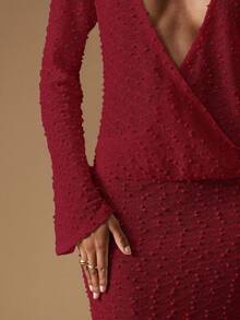 MISSGUIDED Sparkle Knit Plunge Neck Long Sleeve Wrap Maxi Evening Dress With Ruched Waist Detail Wedding Guest Holiday Party Formal Winter - Red - View 4