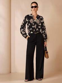 Shutterstock Glamance 女式花卉印花前扣优雅长袖衬衫 - 黑色 - 查看 4