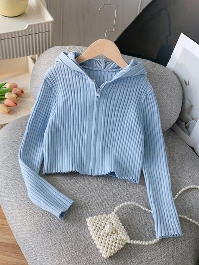 SHEIN Tween Girl Casual Solid Color Zip-Up Hooded Cardigan, Autumn Teen Girl Hoodies Zip Up Hoodies For Teen Girls Teen Girl Sweaters Ribbed Zip Up Hoodie Blue Cropped Hoodie For Teens Light Blue Hooded Sweater Girls Ribbed Cardigan Sweater Hoodies For Teen Girls Dusty Blue Fall Winter