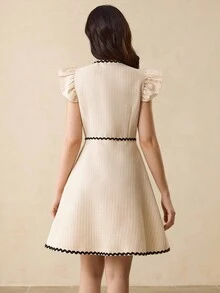 少女盖袖方领束腰派对鸡尾酒婚礼优雅连衣裙，适合返校、万圣节、圣诞节 - 杏色 - 查看 2