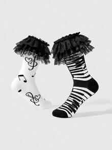 ROMWE Kawaii Bộ 2 đôi tất giữ ấm chân ngang bắp chân họa tiết nốt nhạc đen trắng phong cách Punk Y2K sọc và viền ren gợi cảm màu trơn, thích hợp cho lễ hội âm nhạc, trang phục anime, trang phục thường ngày - Đen và trắng - Xem 2