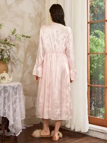 Côtesoire 法式优雅浪漫提花缎带蕾丝女士睡袍套装，秋装 - 淺粉色 - 查看 2