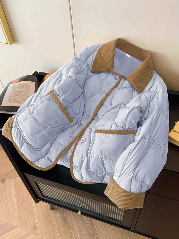 GlowEve Contrast Color Corduroy Patchwork Lapel Padded Coat For Women, New Loose Short Style Padded Coat For Autumn/Winter,Fall