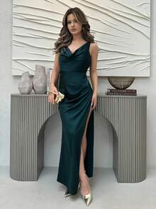 Jemour Ruched Split Thigh Draped Crisscross Back Satin Bridesmaid Dress, Elegant Cocktail Semi Formal Prom Wedding Guest Dress, For Birthday, Graduation, Dinner, Homecoming Party Dress