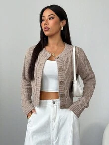 SHEIN PETITE Women's Loose Fit Solid Color Crew Neck Long Sleeve Cardigan, Suitable For Vacation Knit Cardigan Brown Cardigan Cardigan Sweater Cable Knit Cardigan Cropped Cardigan In Fall/Winter