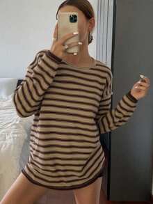 DAZY Women's Loose Striped Crew Neck Long Sleeve Casual Sweater, Spring/Autumn,Fall Women Clothes - Brown - View 3