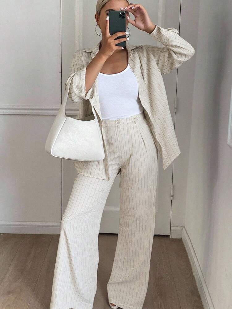 Women's Casual Striped Print Loose Fit Drop Shoulder Long Sleeve Shirt And Wide Leg Pants 2 Pieces Set, Spring/Autumn Lounge Sets For Women