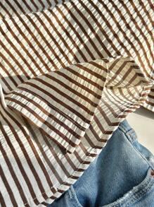 SHEIN CURVE+ Plus Size Women Striped Print Drop Shoulder Pocket Applique Shirt - Multicolor - View 6