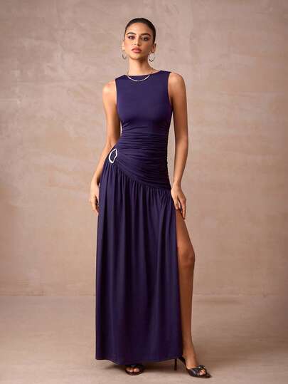 Lumalex Fall New Style WomenWinter Gathering Party Glamour Elegant Banquet Modest Old Money Coquette Glitter Holiday Party Glamour Elegant Rave Festival Outing Vacation Hot Outdoor Richly Layered Wedding Season Banquet Coming Of Age Ceremony Women's Elegant Solid Color High Slit Dress Purple Long Dress Long Dress With Slit Dark Purple Dress Women Split Dress Elenzga Dress Women Luxury Prom ID Al-Adha Al-Adha Party New Year