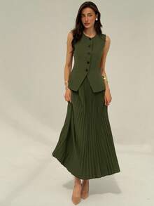 Aloruh Women's Elegant Commuter Solid Color Vest & Pleated Skirt Suit In Fall/Winter - Army Green - View 3