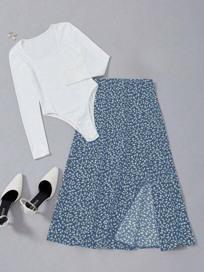 EMERY ROSE Conjunto De 2 Piezas De Body De Manga Larga De Color Sólido Y Falda Estampada Con Flores